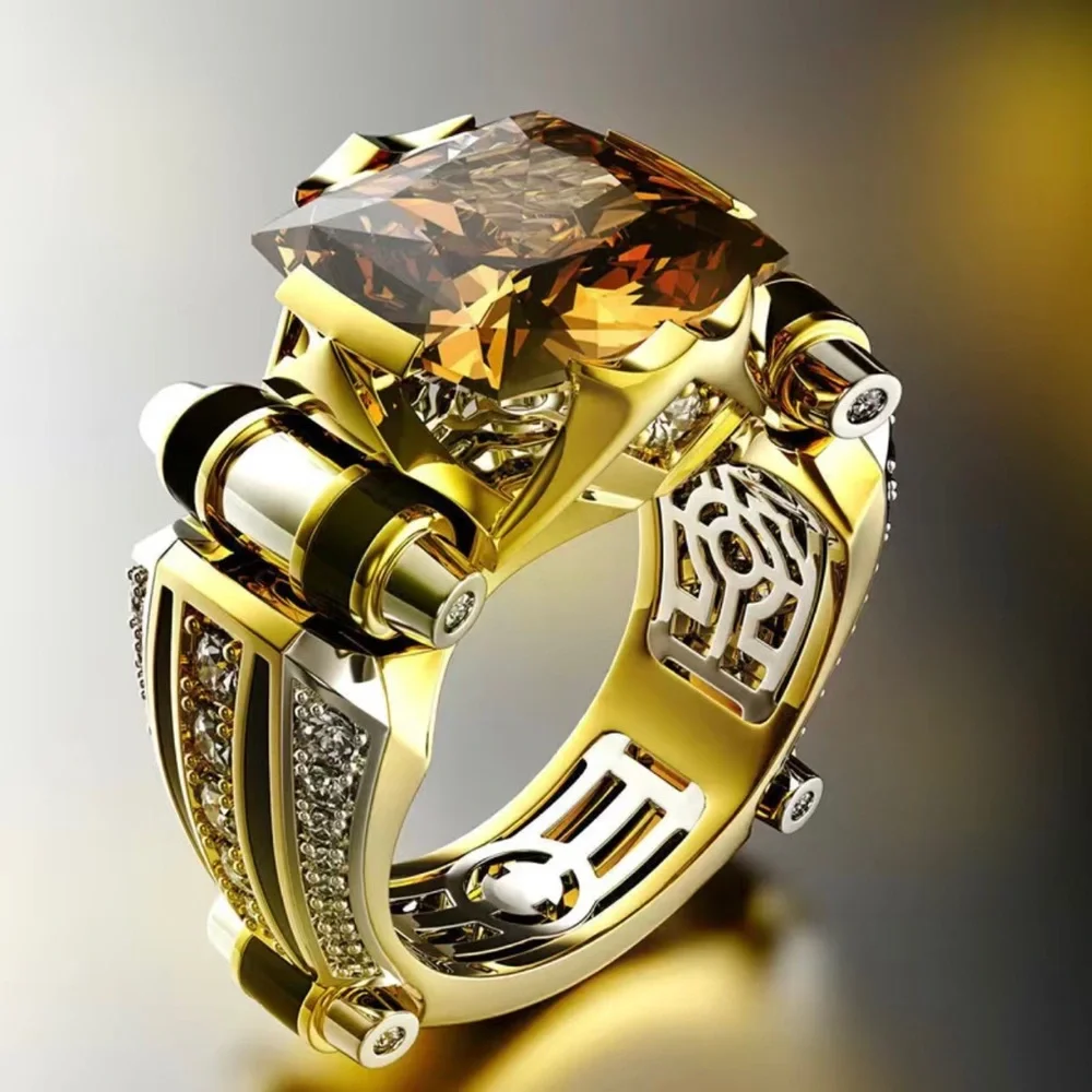Men’s fashionable faceted champagne stone gold metal gentleman band ring NWT 12